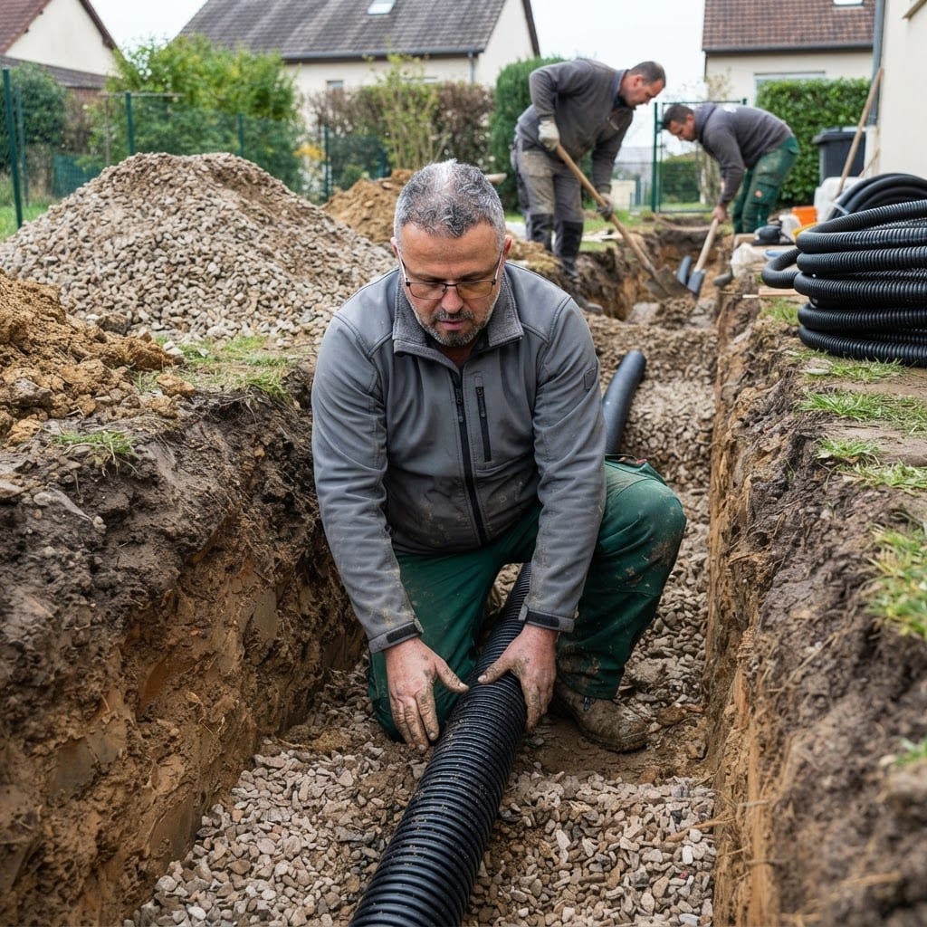 Verlegen einer Drainageleitung im ausgehobenen Graben