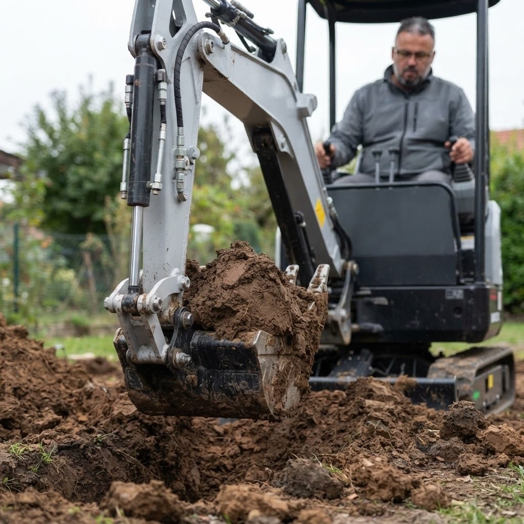 Bashkim Selmani bei Erdarbeiten mit dem Minibagger