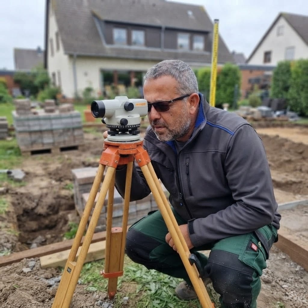 Bashkim Selmani beim präzisen Nivellieren einer Gartenbaustelle vor der Neuanlage