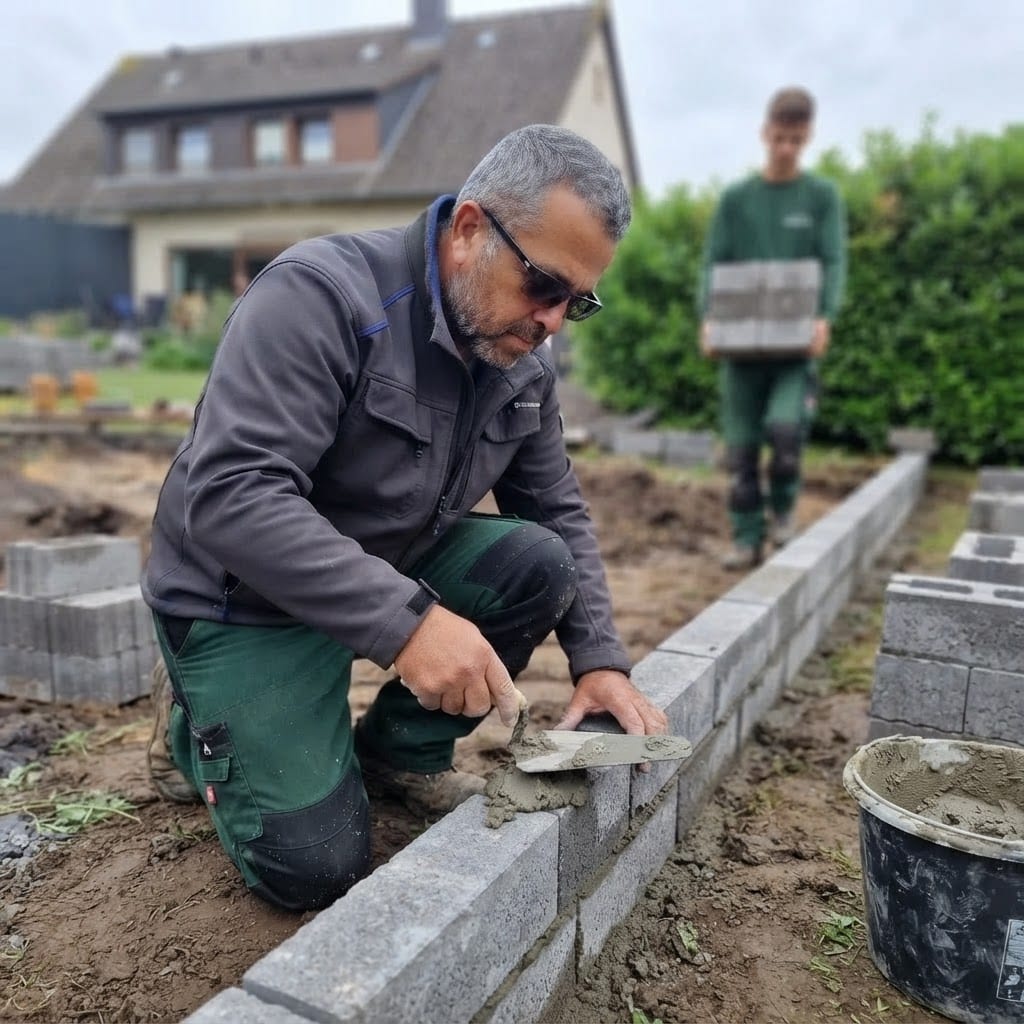 Bashkim Selmani beim Mauern einer Gartenmauer mit der Kelle