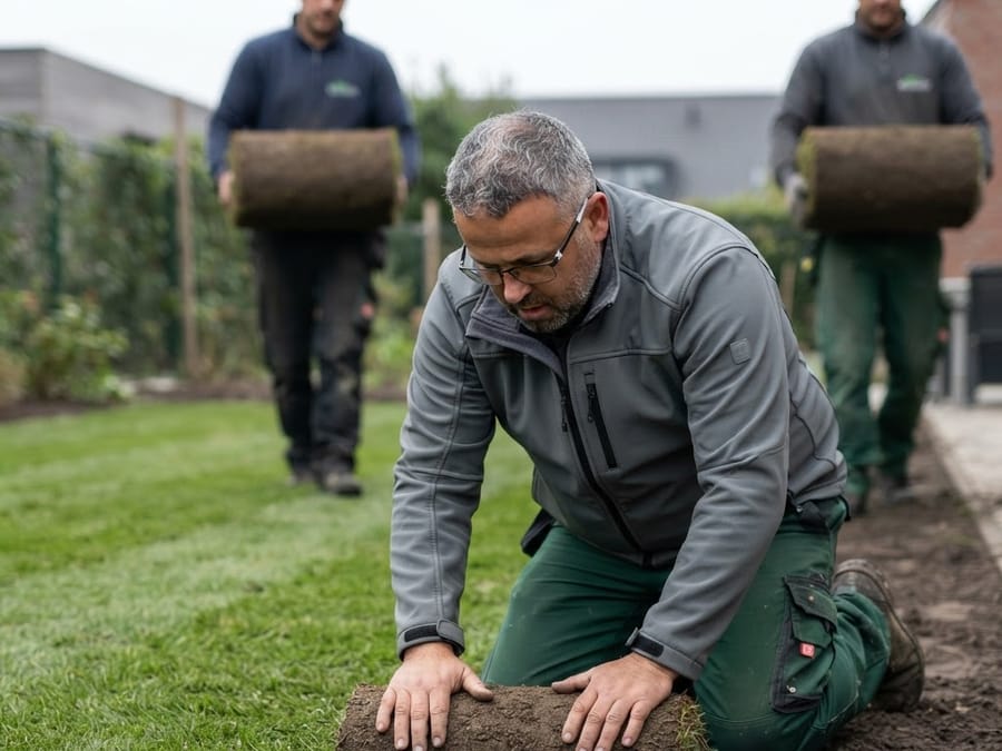 Verlegen von Rollrasen im Team in einem Hausgarten